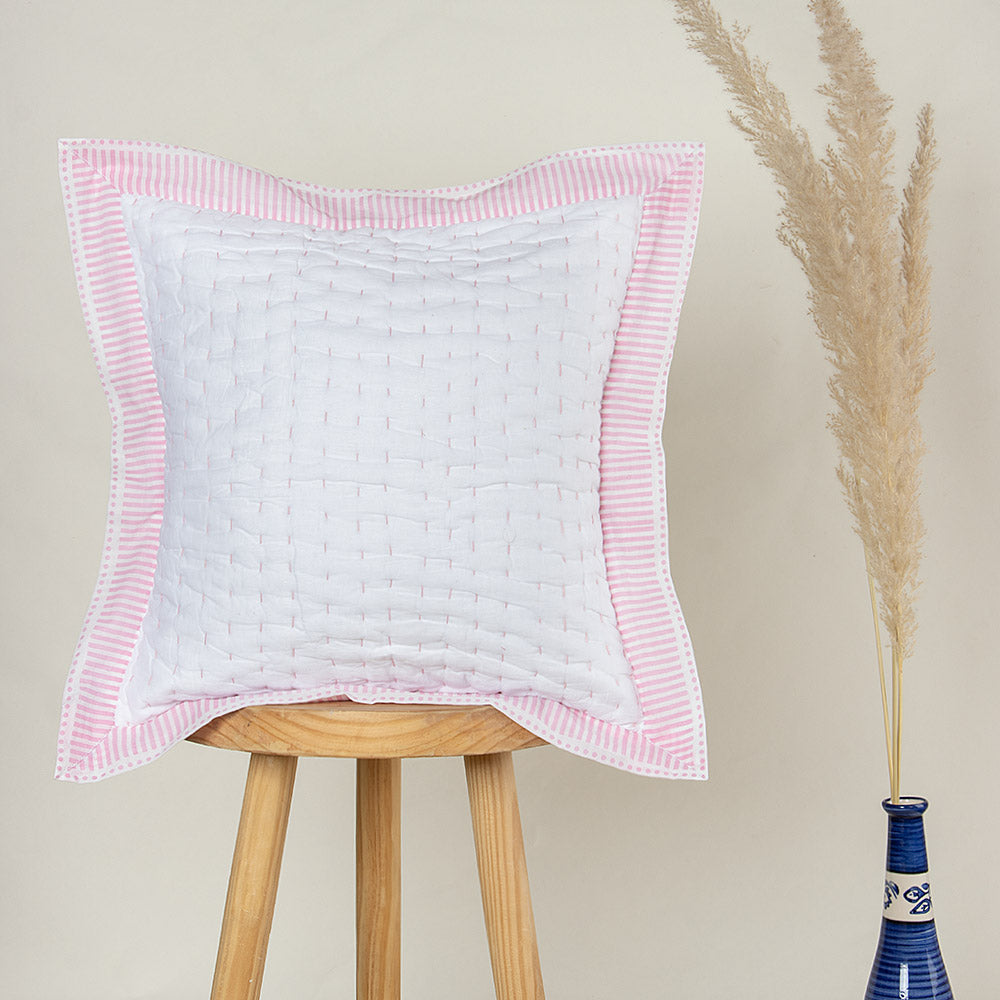 Pink Striped Vintage Kantha Cotton Cushion Cover