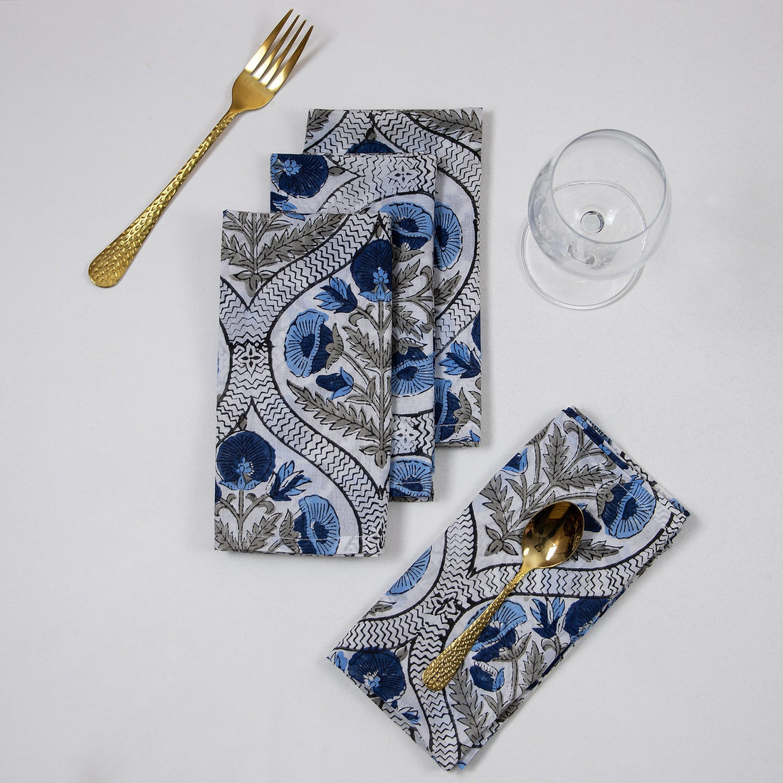 Premium Indian Handmade Dark Blue Floral Print Table Napkins