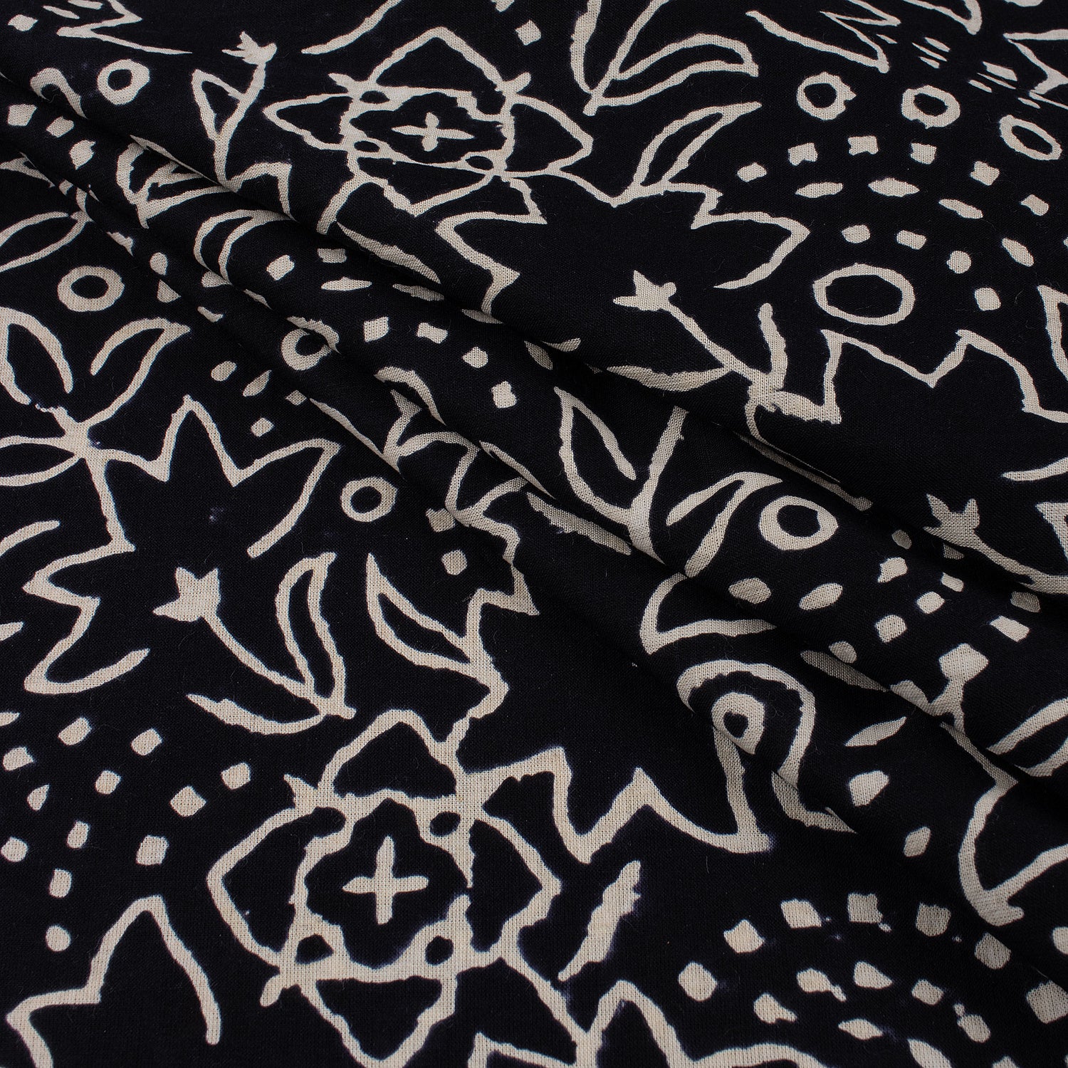 Premium Quality Block Printed Floral Black and White Fabric
