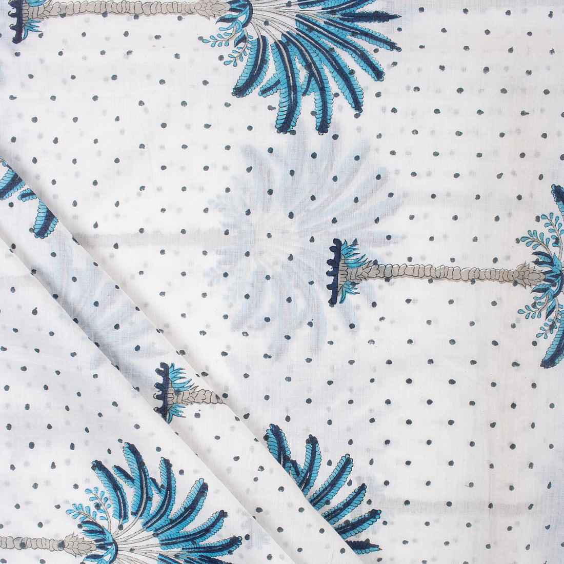 Premium Quality Blue Palm Block Printed Indian Cotton Fabric