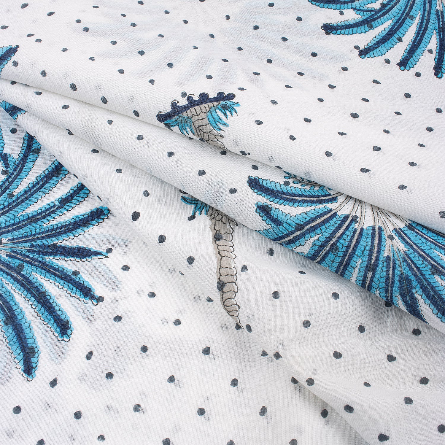 Premium Quality Blue Palm Block Printed Indian Cotton Fabric