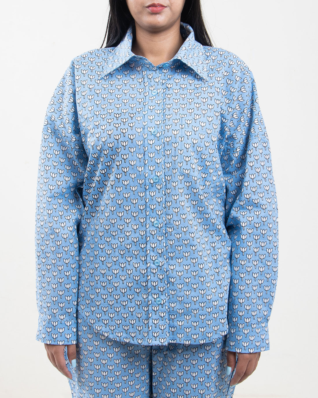 Printed Summer Co-Ord Set Sky Blue for Women, Pyjama, Short, Shirt