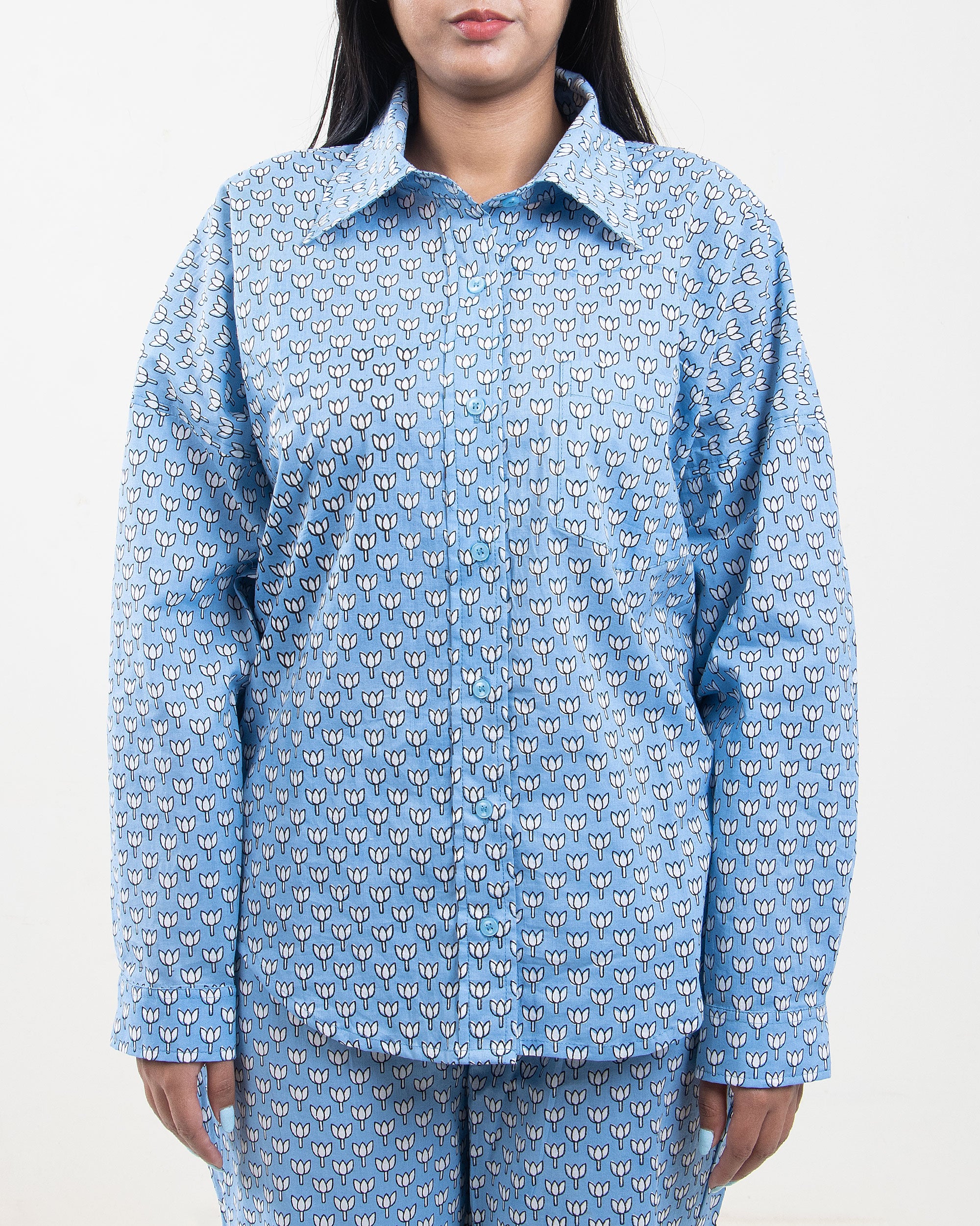 Printed Summer Co-Ord Set Sky Blue for Women, Pyjama, Short, Shirt