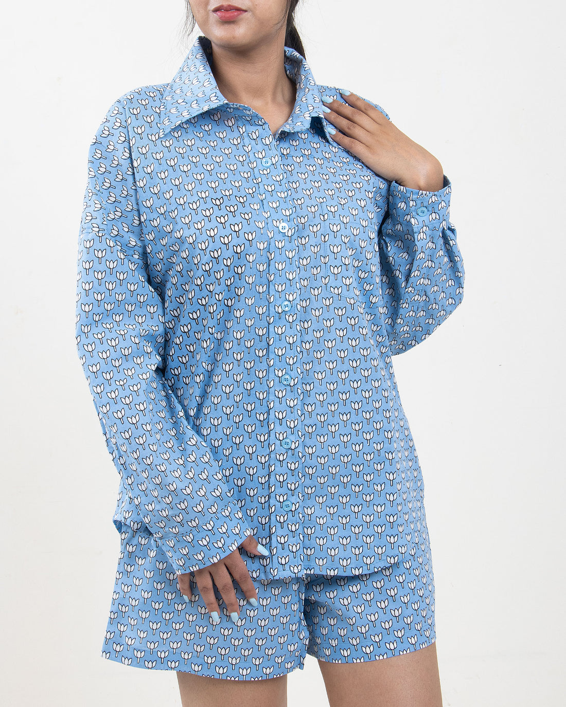 Printed Summer Co-Ord Set Sky Blue for Women, Pyjama, Short, Shirt