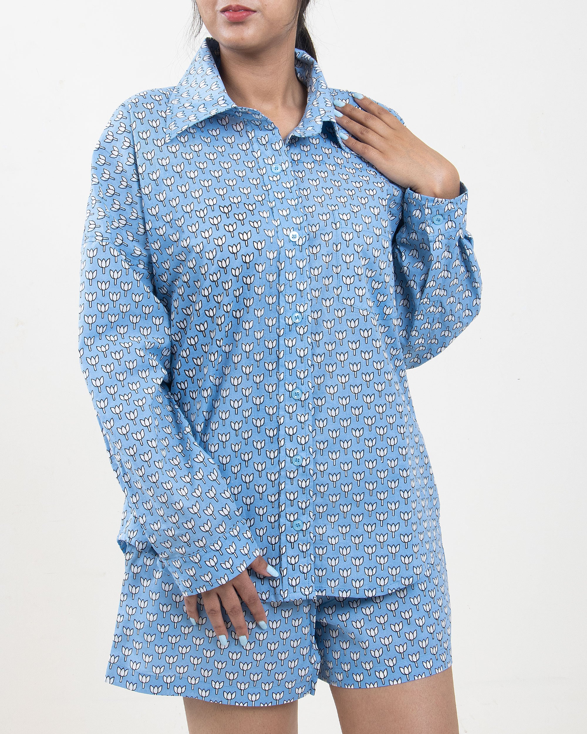 Printed Summer Co-Ord Set Sky Blue for Women, Pyjama, Short, Shirt