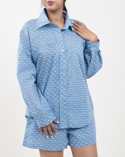 Printed Summer Co-Ord Set Sky Blue for Women, Pyjama, Short, Shirt