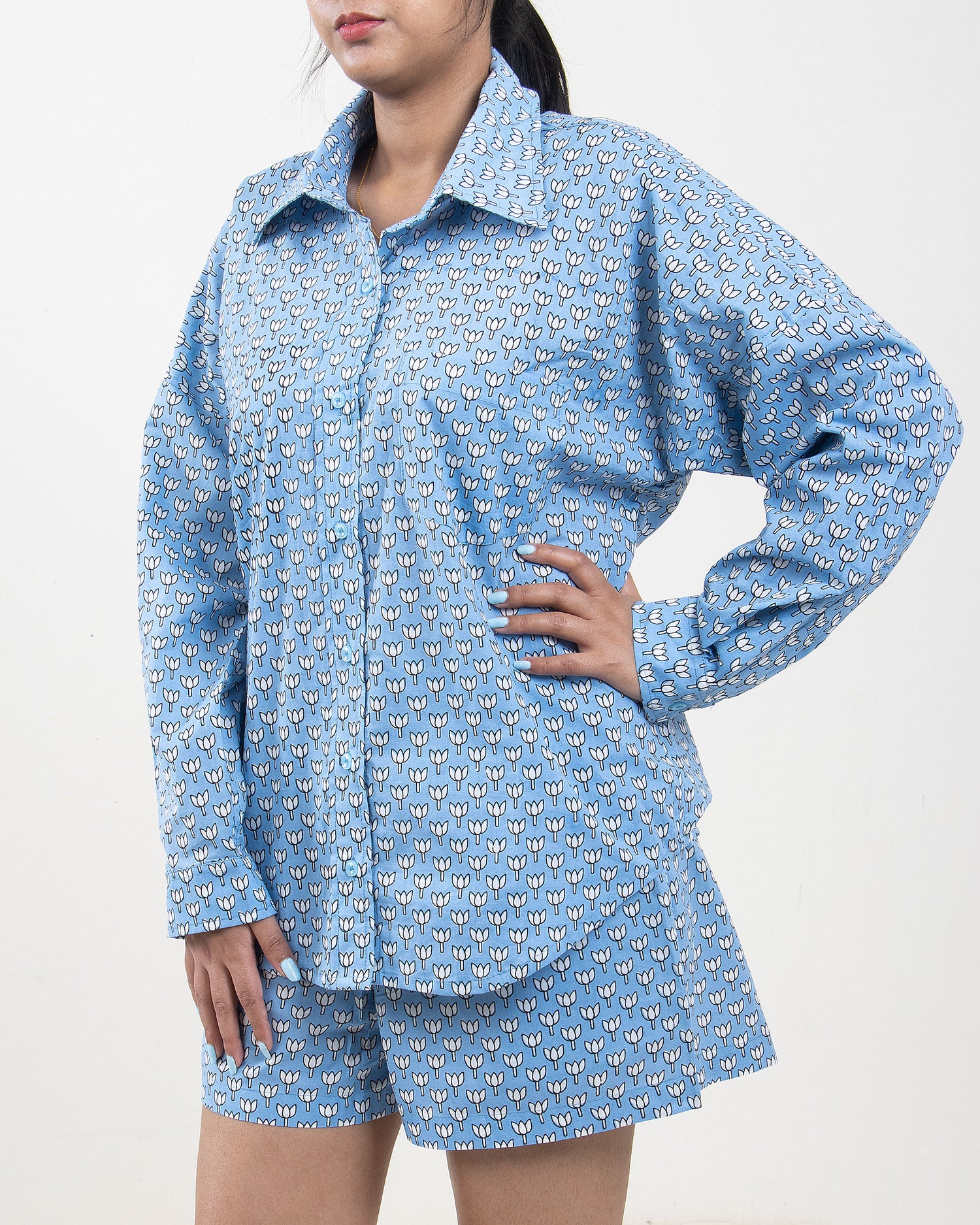Printed Summer Co-Ord Set Sky Blue for Women, Pyjama, Short, Shirt