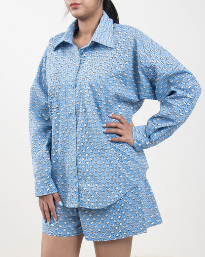 Printed Summer Co-Ord Set Sky Blue for Women, Pyjama, Short, Shirt