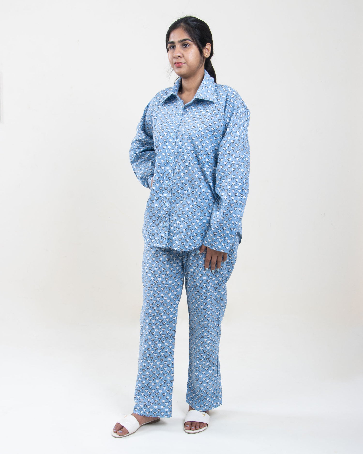 Printed Summer Co-Ord Set Sky Blue for Women, Pyjama, Short, Shirt