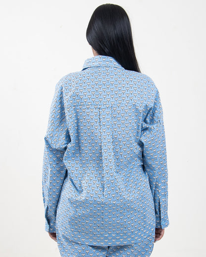 Printed Summer Co-Ord Set Sky Blue for Women, Pyjama, Short, Shirt