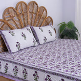 Purple Floral Hand Block Print Cotton Reversible Bedsheet