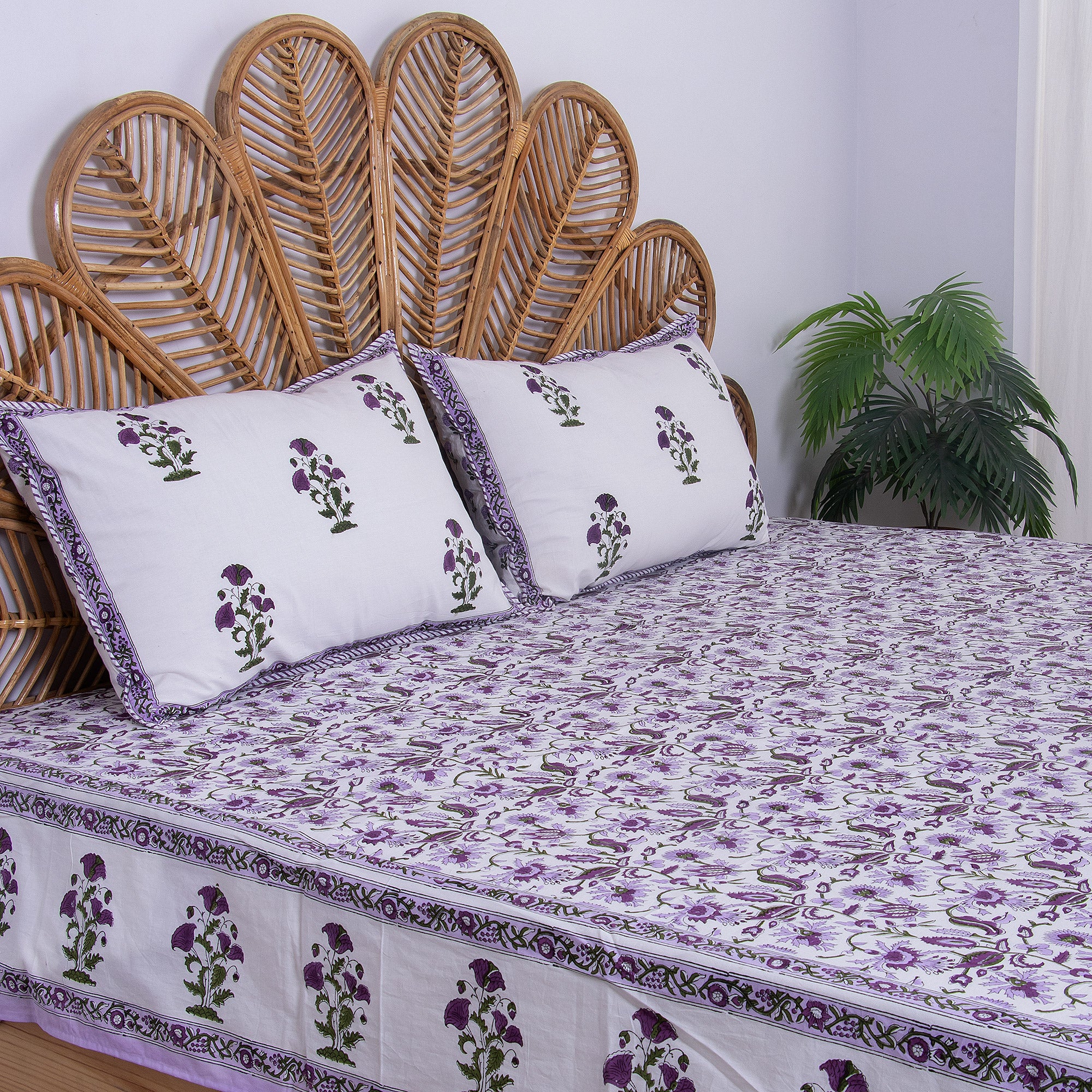 Purple Floral Hand Block Print Cotton Reversible Bedsheet
