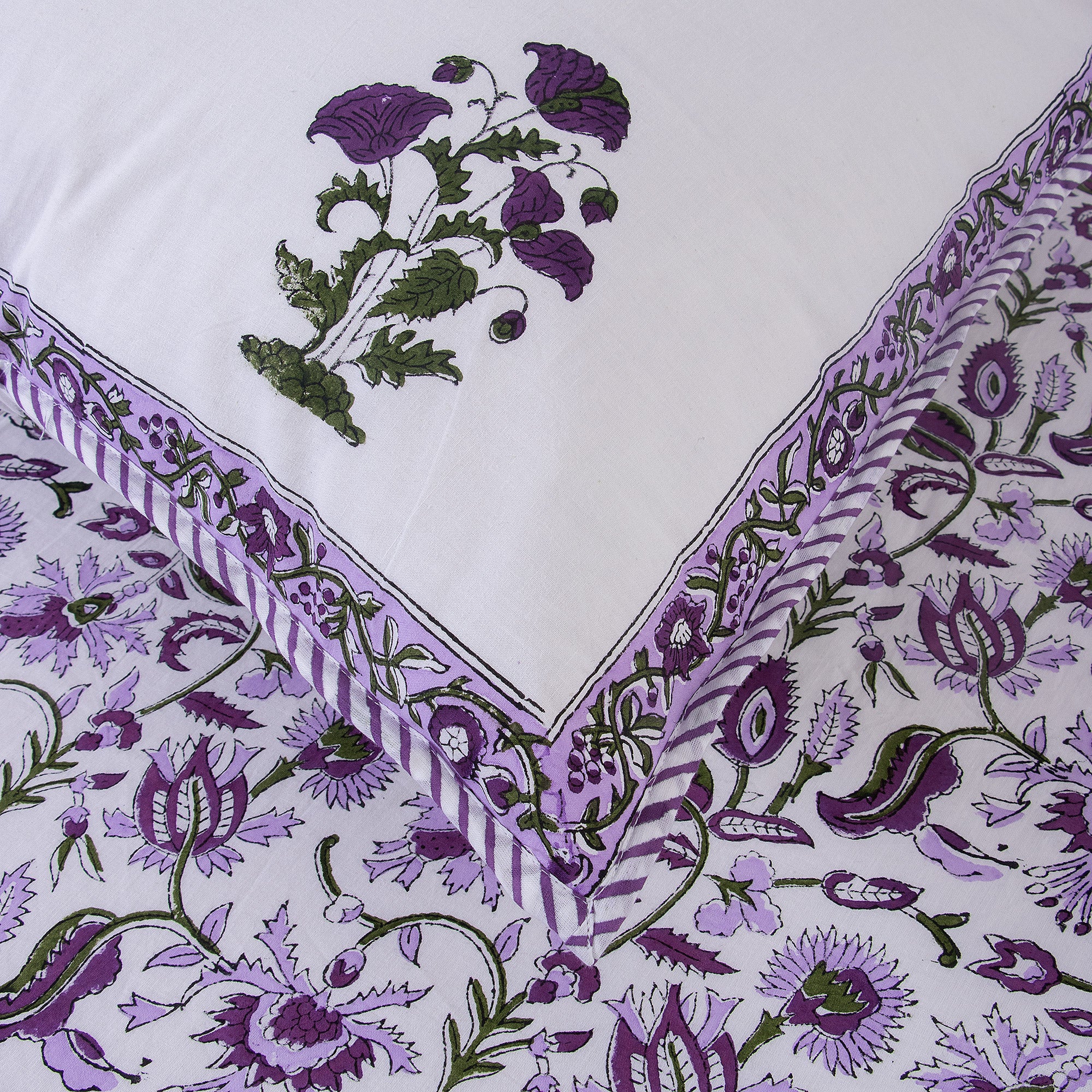 Purple Floral Hand Block Print Cotton Reversible Bedsheet