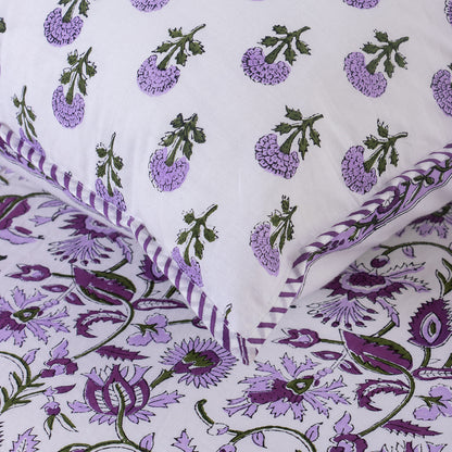 Purple Floral Hand Block Print Cotton Reversible Bedsheet