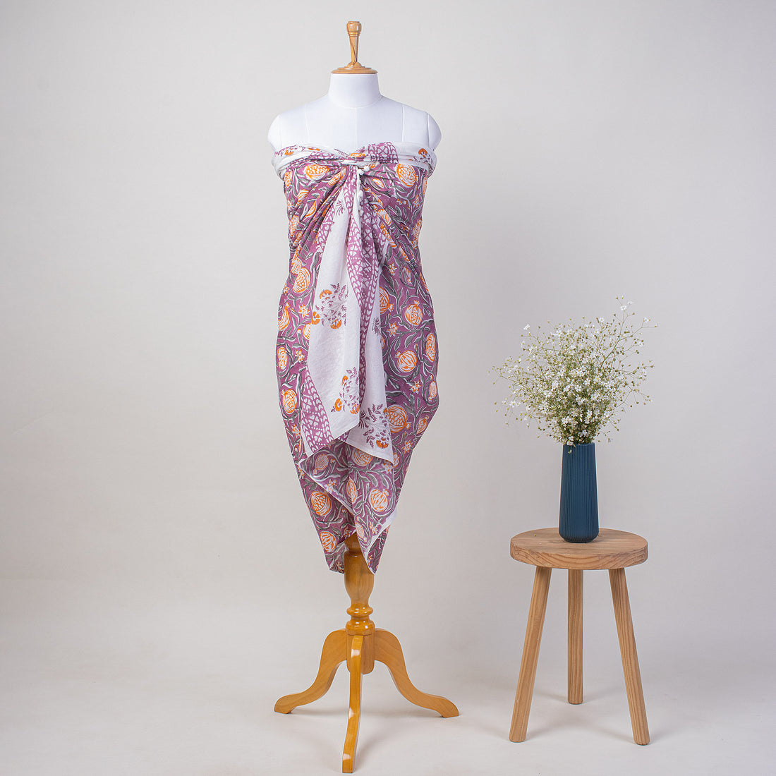 Purple Fruit Hand Block Print Cotton Beach Sarong Wrap for Women