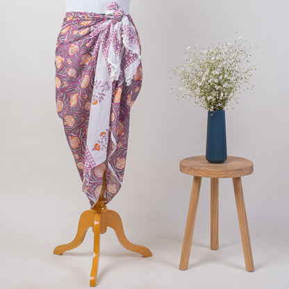 Purple Fruit Hand Block Print Cotton Beach Sarong Wrap for Women