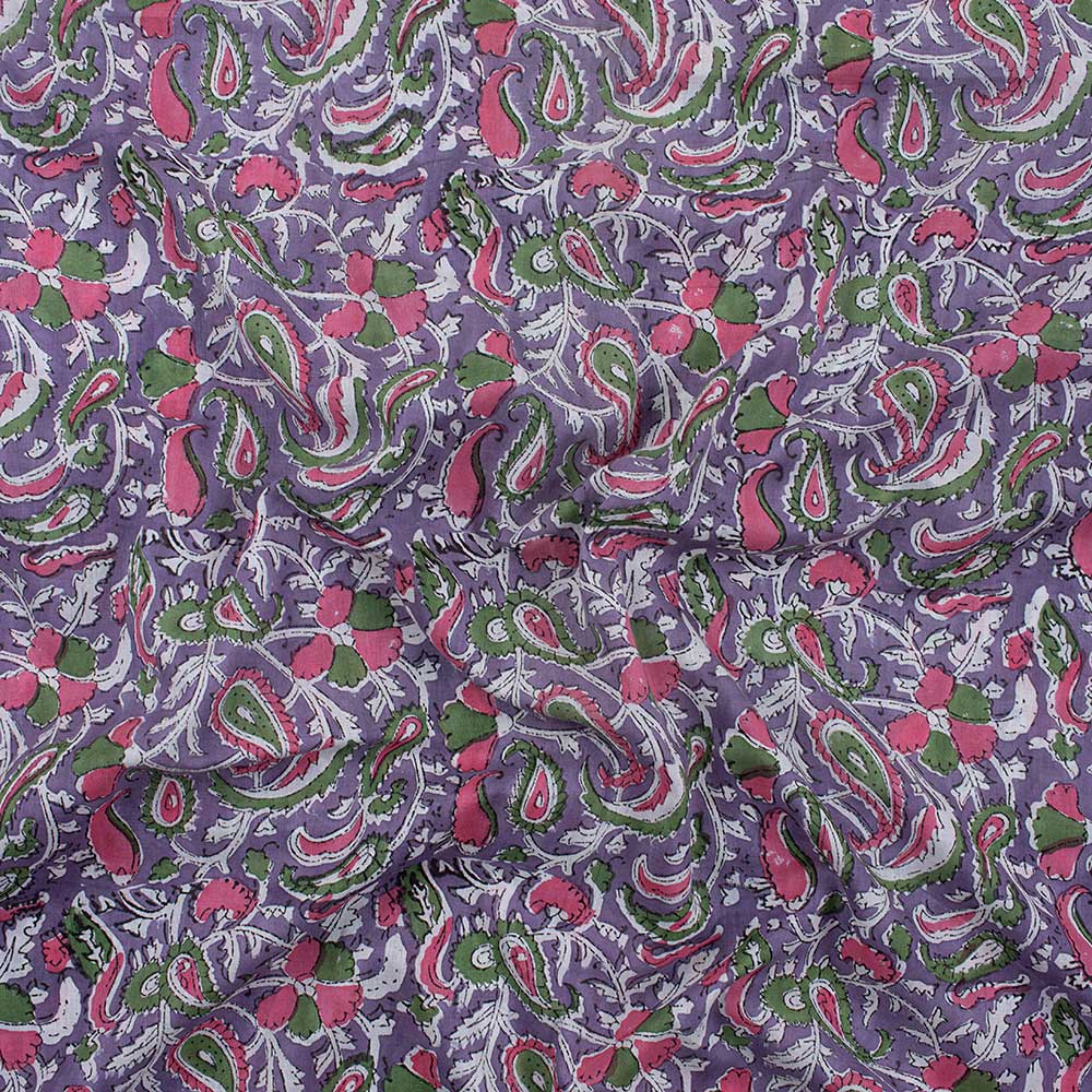 Purple Multicolor Floral Cotton Hand Block Printed Fabric