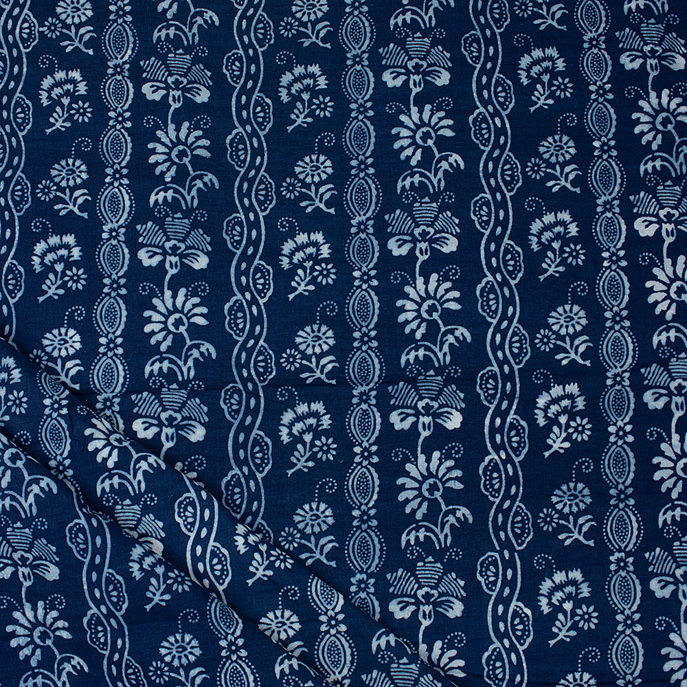 Quality Indigo Blue Jaal Floral Print Cotton Fabric By The Yard