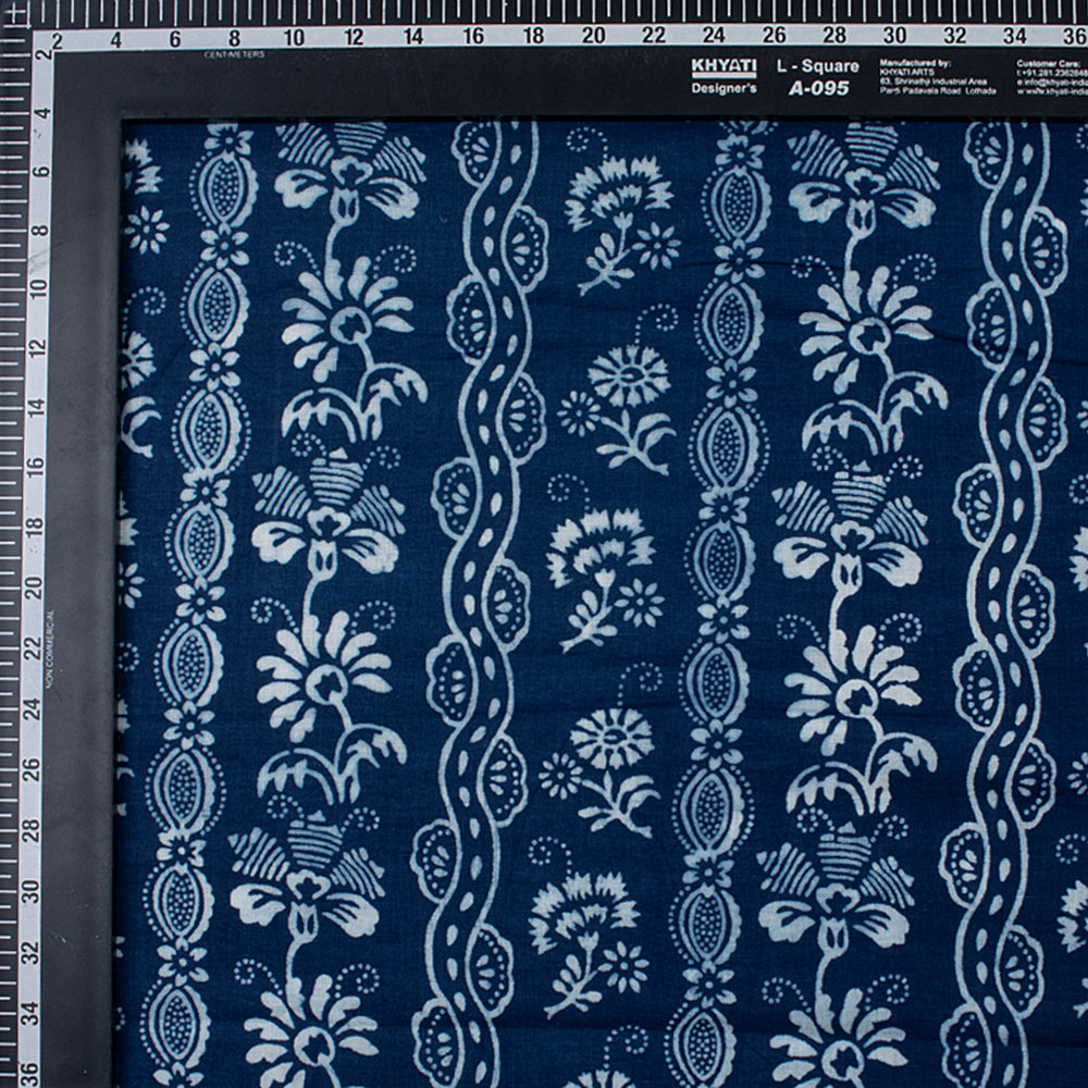 Quality Indigo Blue Jaal Floral Print Cotton Fabric By The Yard