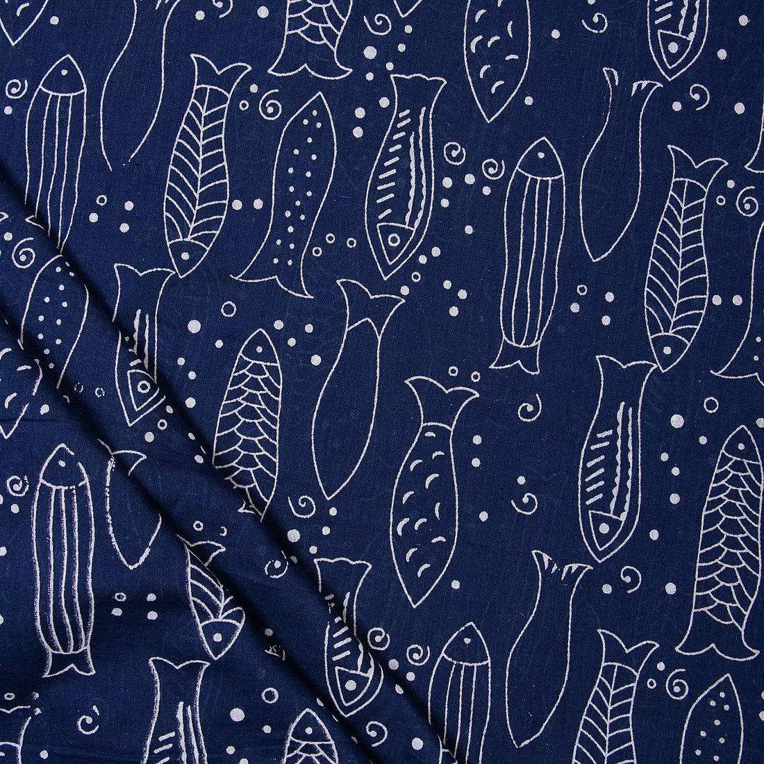 Indigo Blue Hand Block Fish Printed Discharge Fabric