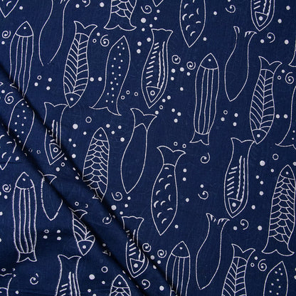Indigo Blue Hand Block Fish Printed Discharge Fabric