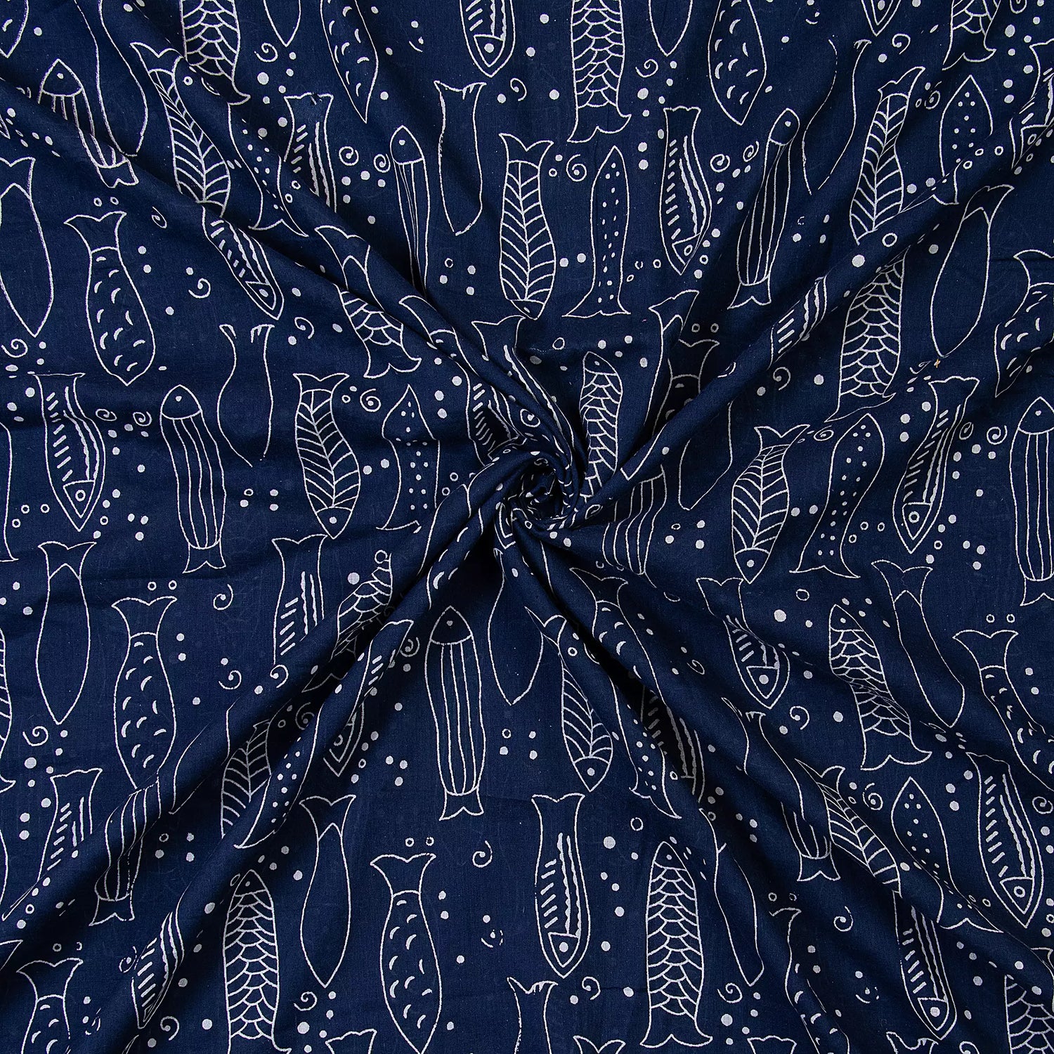 Indigo Blue Hand Block Fish Printed Discharge Fabric