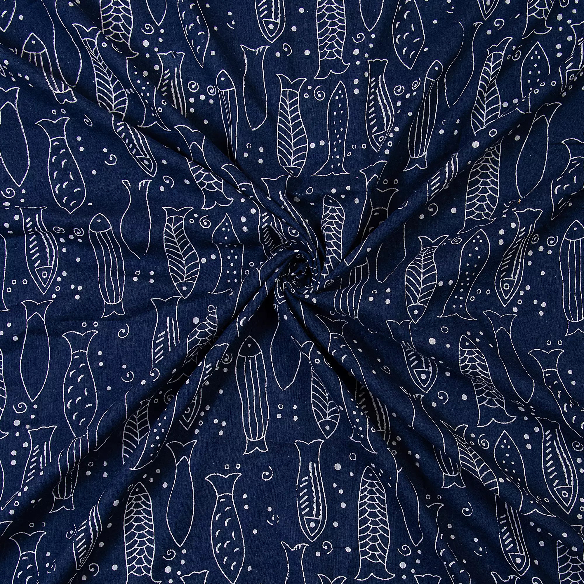 Indigo Blue Hand Block Fish Printed Discharge Fabric