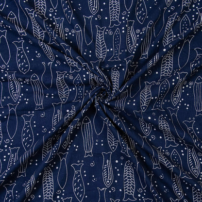Indigo Blue Hand Block Fish Printed Discharge Fabric