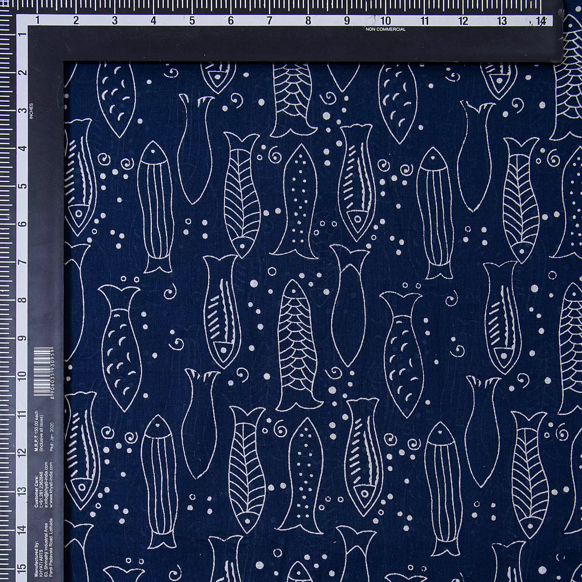 Indigo Blue Hand Block Fish Printed Discharge Fabric