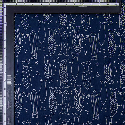 Indigo Blue Hand Block Fish Printed Discharge Fabric