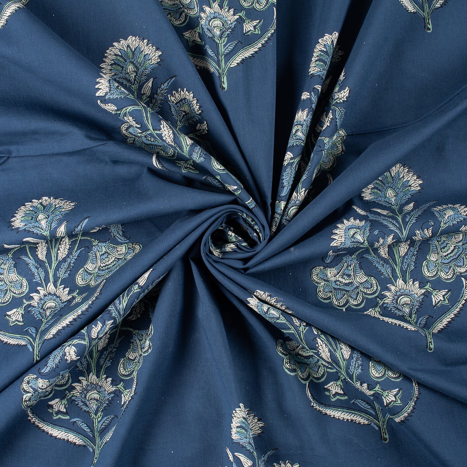 Blue Floral Cotton Discharge Running Fabric