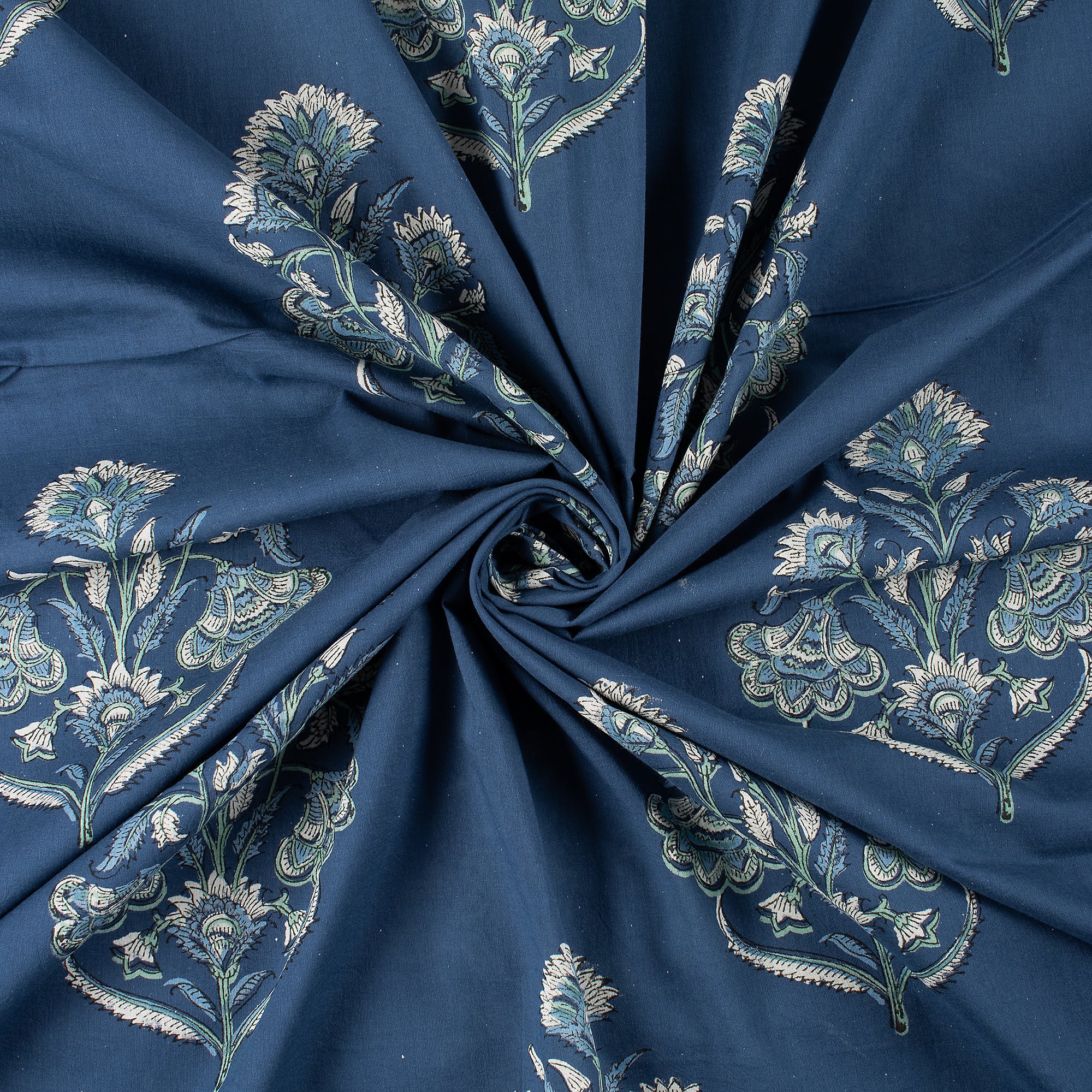 Blue Floral Cotton Discharge Running Fabric
