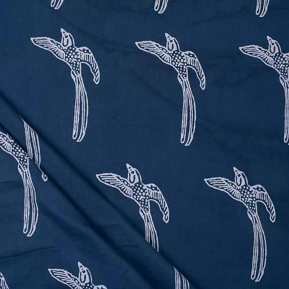 Bird Print Hand Block Cotton Blue Discharge Fabric by the Yard