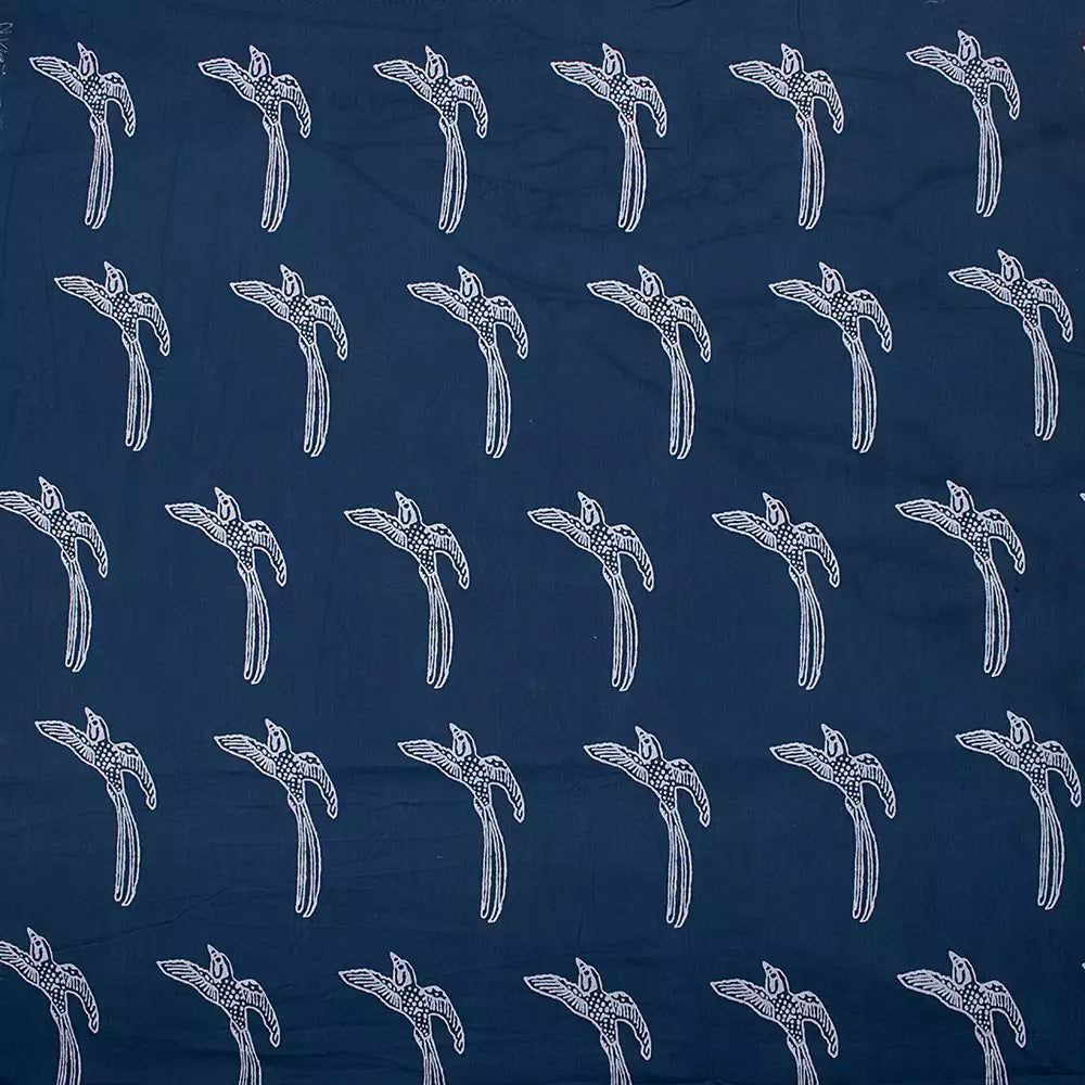 Bird Print Hand Block Cotton Blue Discharge Fabric by the Yard