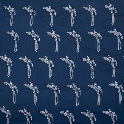 Bird Print Hand Block Cotton Blue Discharge Fabric by the Yard