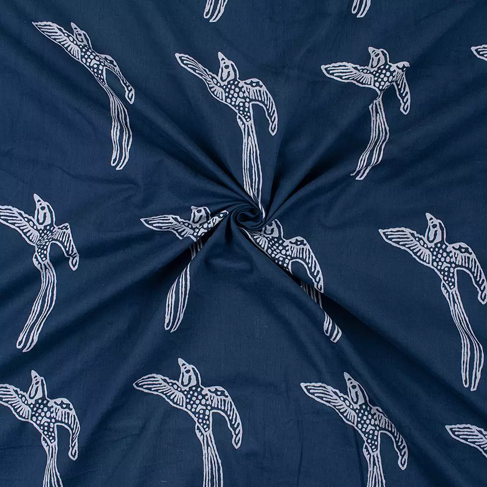 Bird Print Hand Block Cotton Blue Discharge Fabric by the Yard