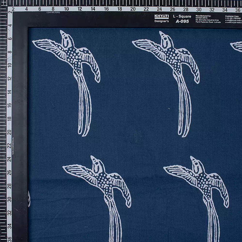 Bird Print Hand Block Cotton Blue Discharge Fabric by the Yard