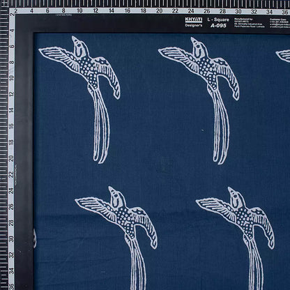 Bird Print Hand Block Cotton Blue Discharge Fabric by the Yard