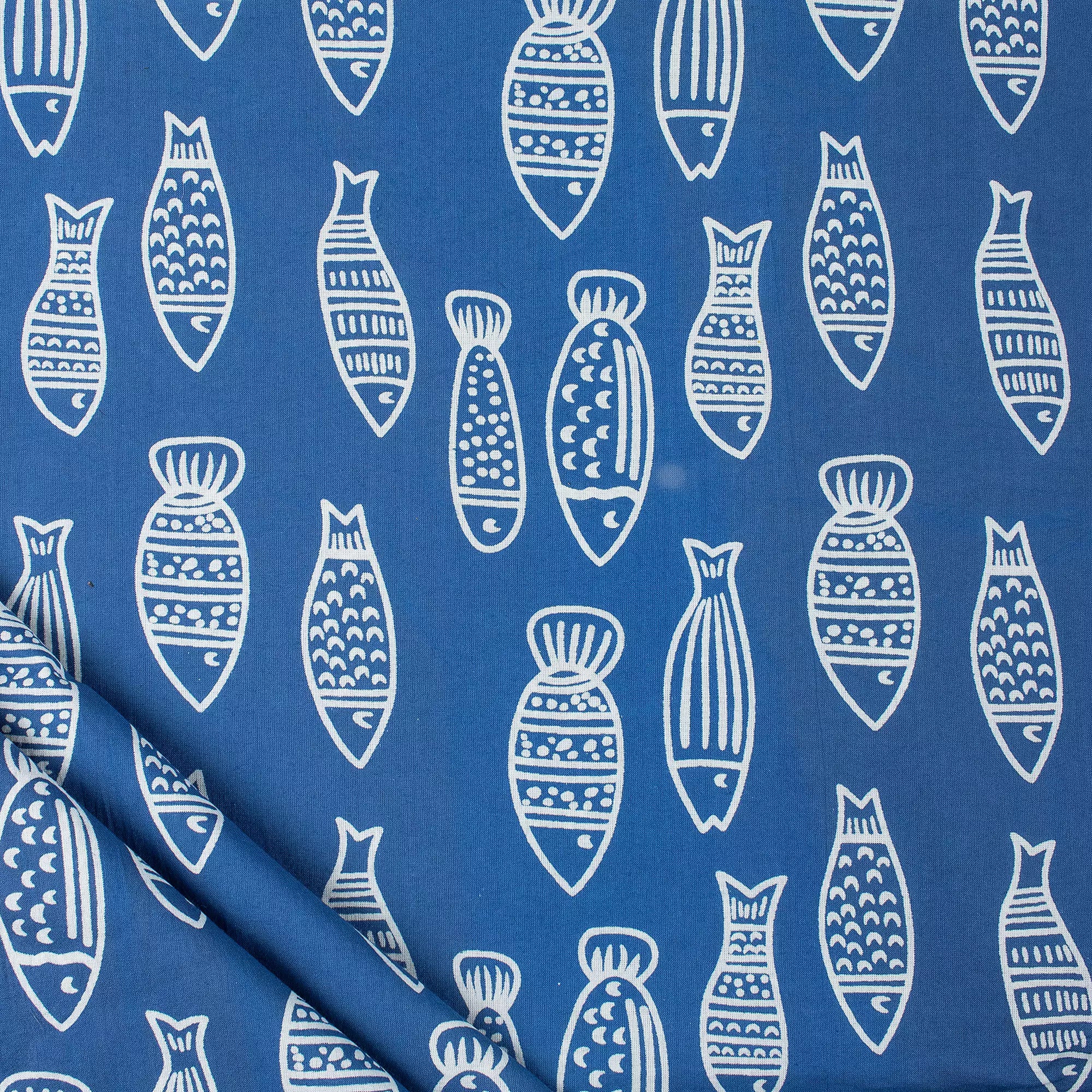 Discharge Indigo Blue Fish Cotton Fabric by the Yard Online