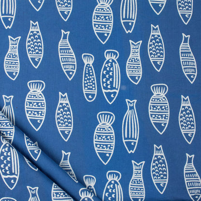 Discharge Indigo Blue Fish Cotton Fabric by the Yard Online
