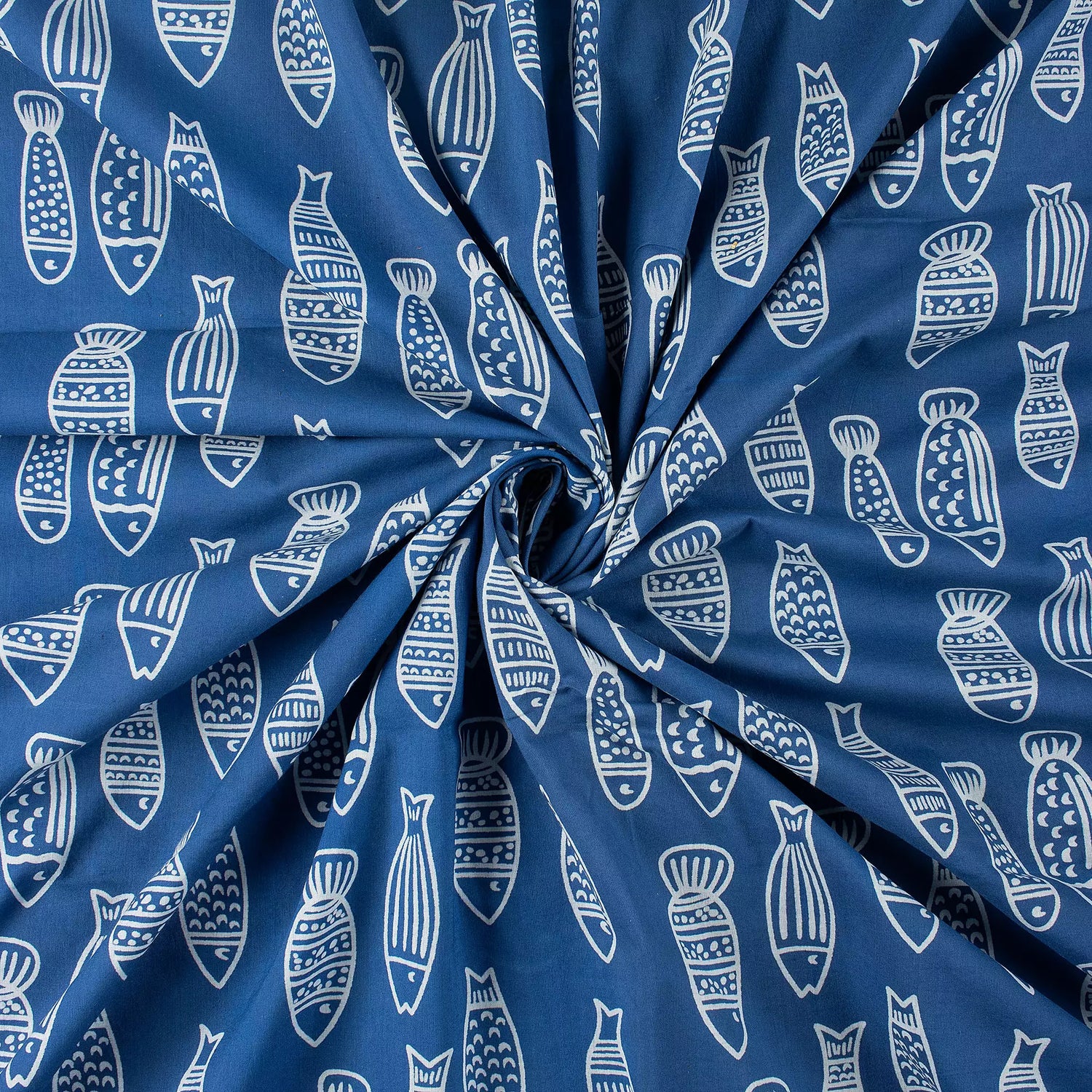 Discharge Indigo Blue Fish Cotton Fabric by the Yard Online