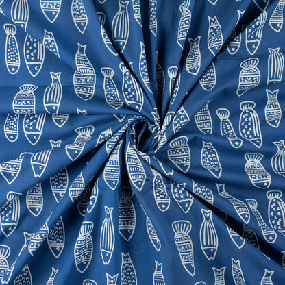 Discharge Indigo Blue Fish Cotton Fabric by the Yard Online