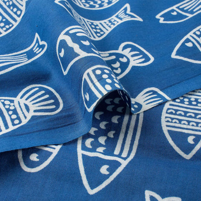 Discharge Indigo Blue Fish Cotton Fabric by the Yard Online