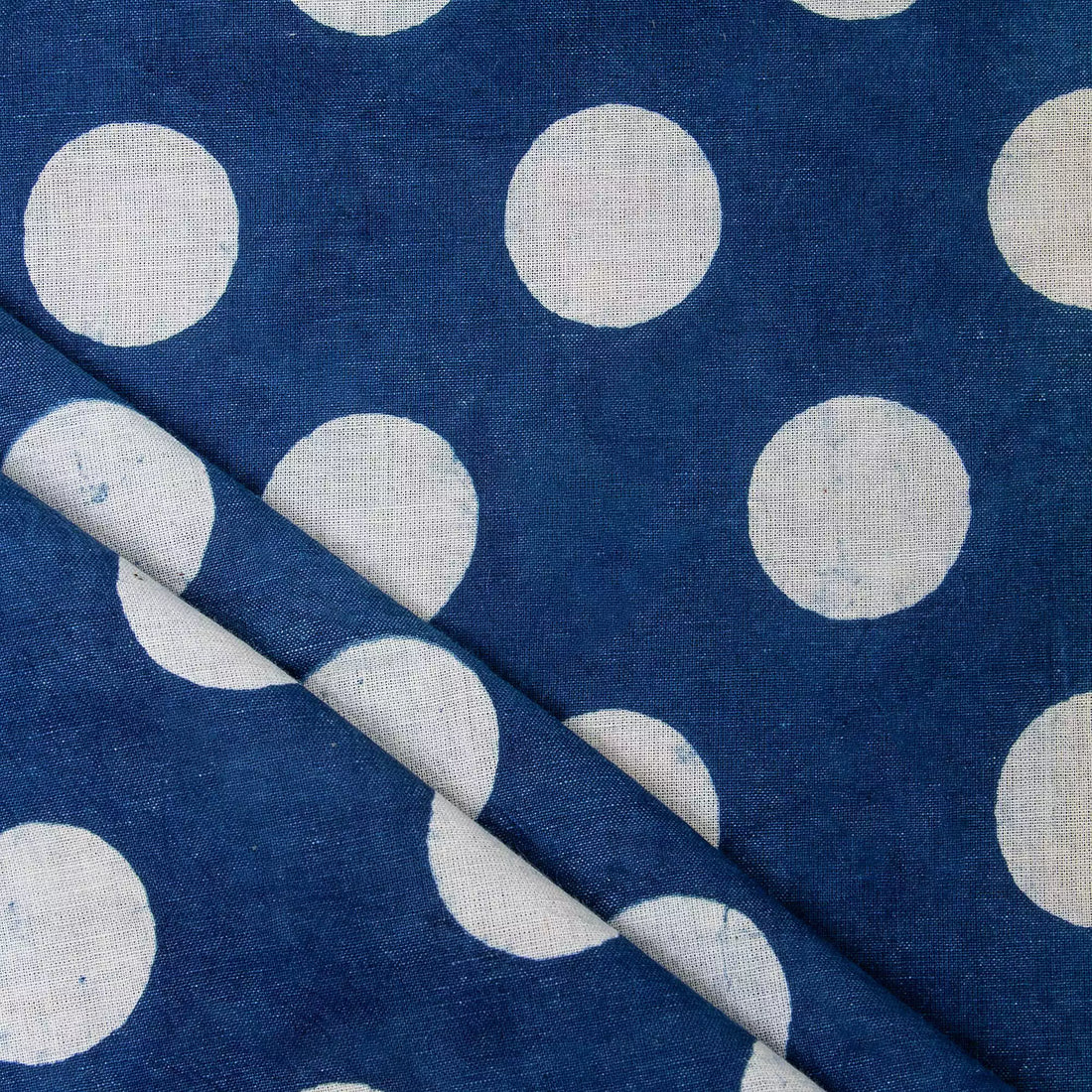 Indigo Blue Polka Dots Hand Block Printed Discharge Fabric