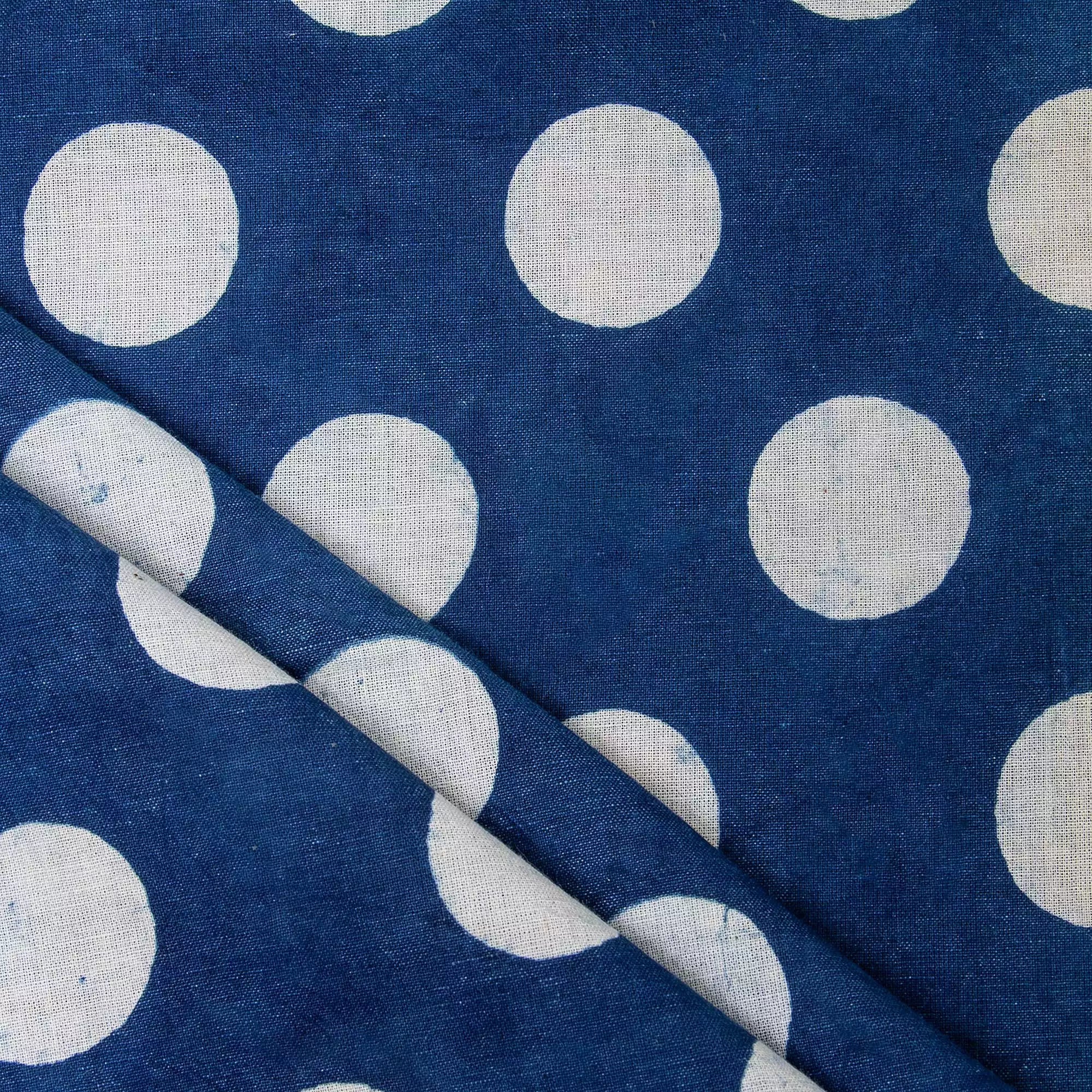 Indigo Blue Polka Dots Hand Block Printed Discharge Fabric