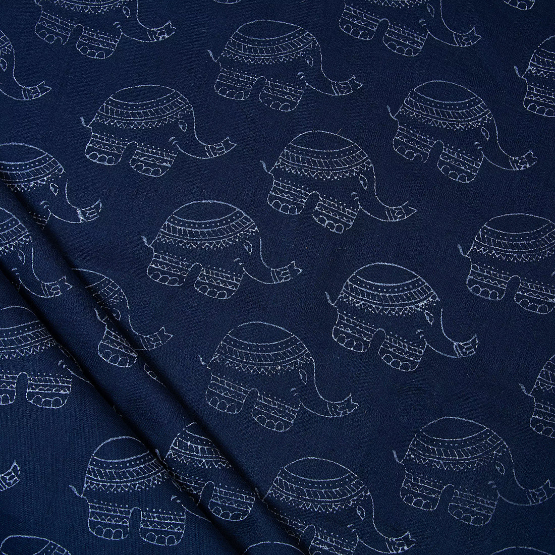 Premium Dark Blue Elephant Printed Discharge Fabric
