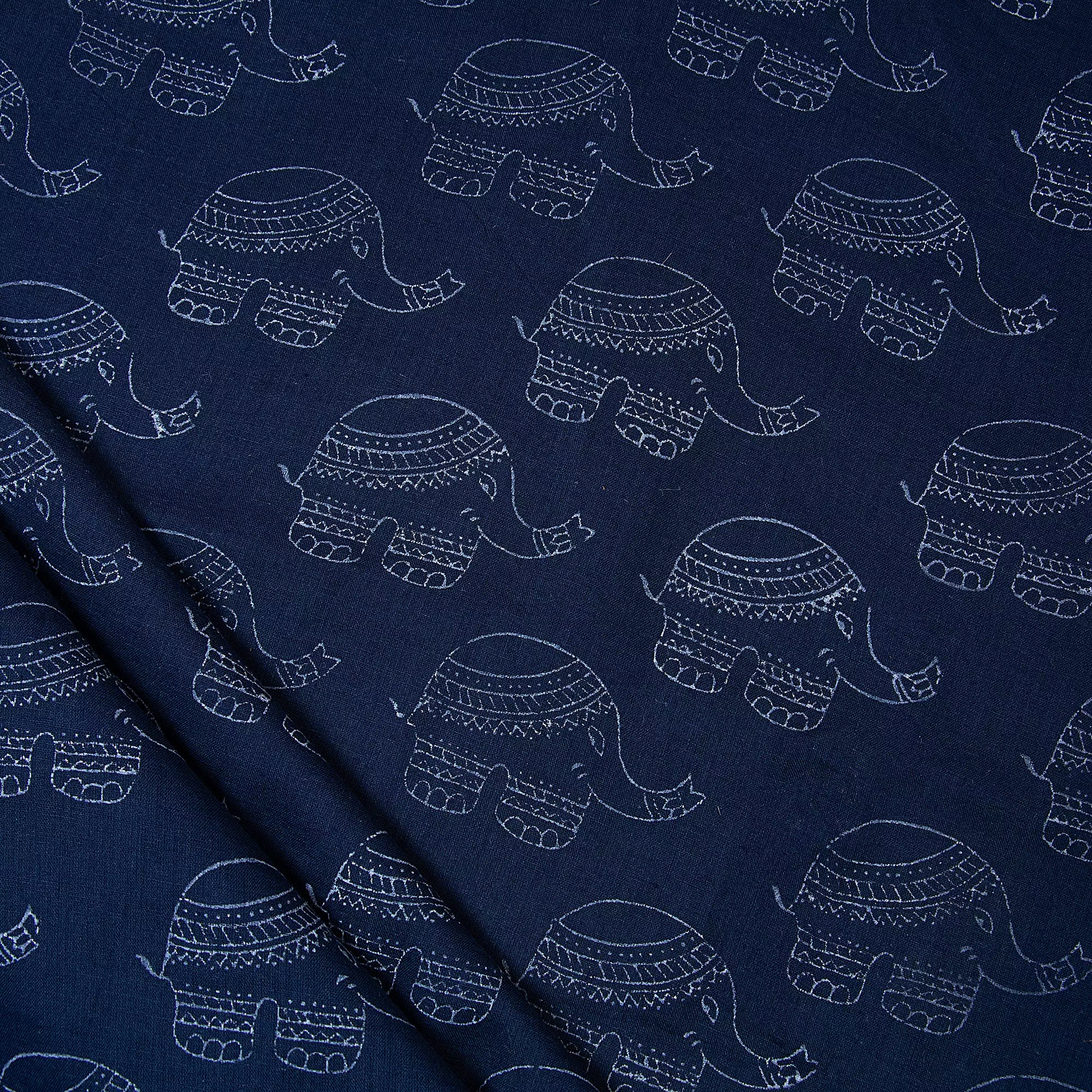 Premium Dark Blue Elephant Printed Discharge Fabric