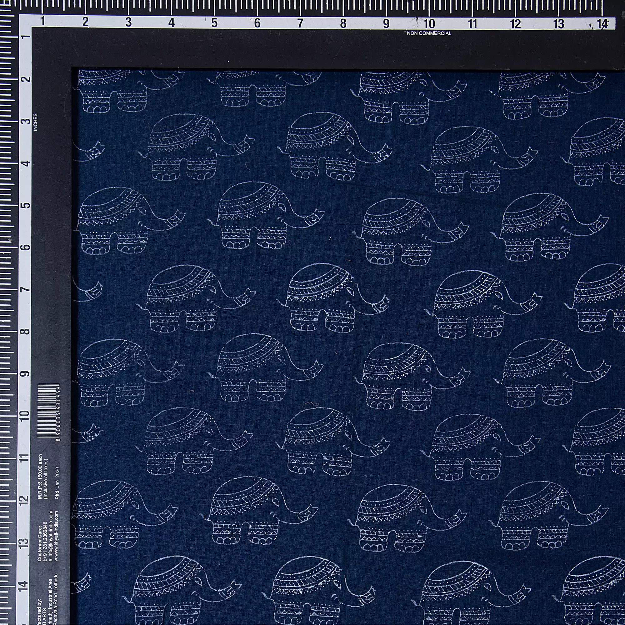 Premium Dark Blue Elephant Printed Discharge Fabric