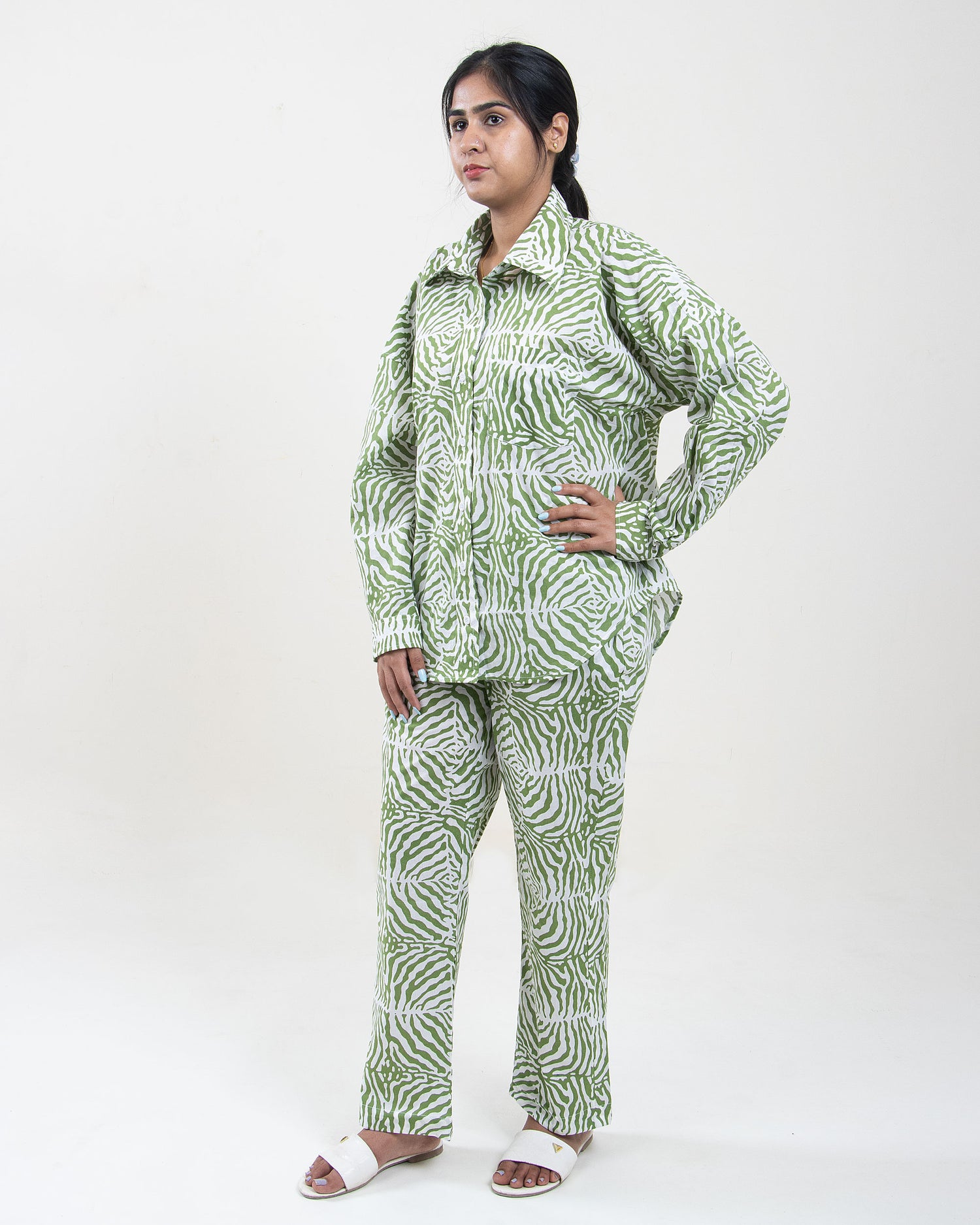Hand Printed Green Light Cotton Cord Set for ladies