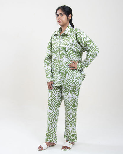 Hand Printed Green Light Cotton Cord Set for ladies